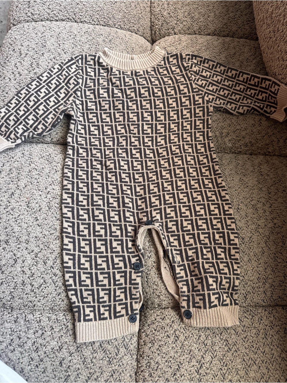 Fendi Beige & Black All-Over Logo Knit Baby One-Piece